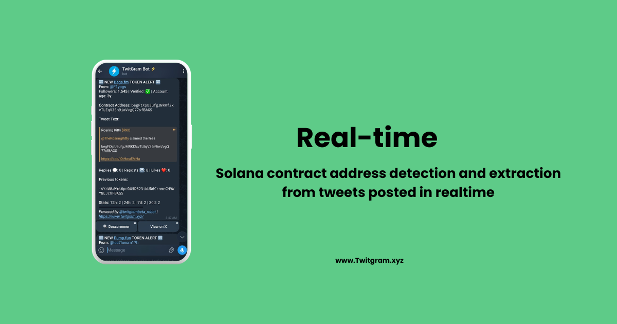 Guide to monitoring Solana launchpad token contract address tweets from Pump.fun, Bags.fm, Pump.tires and more with TwitGram CA Streams.